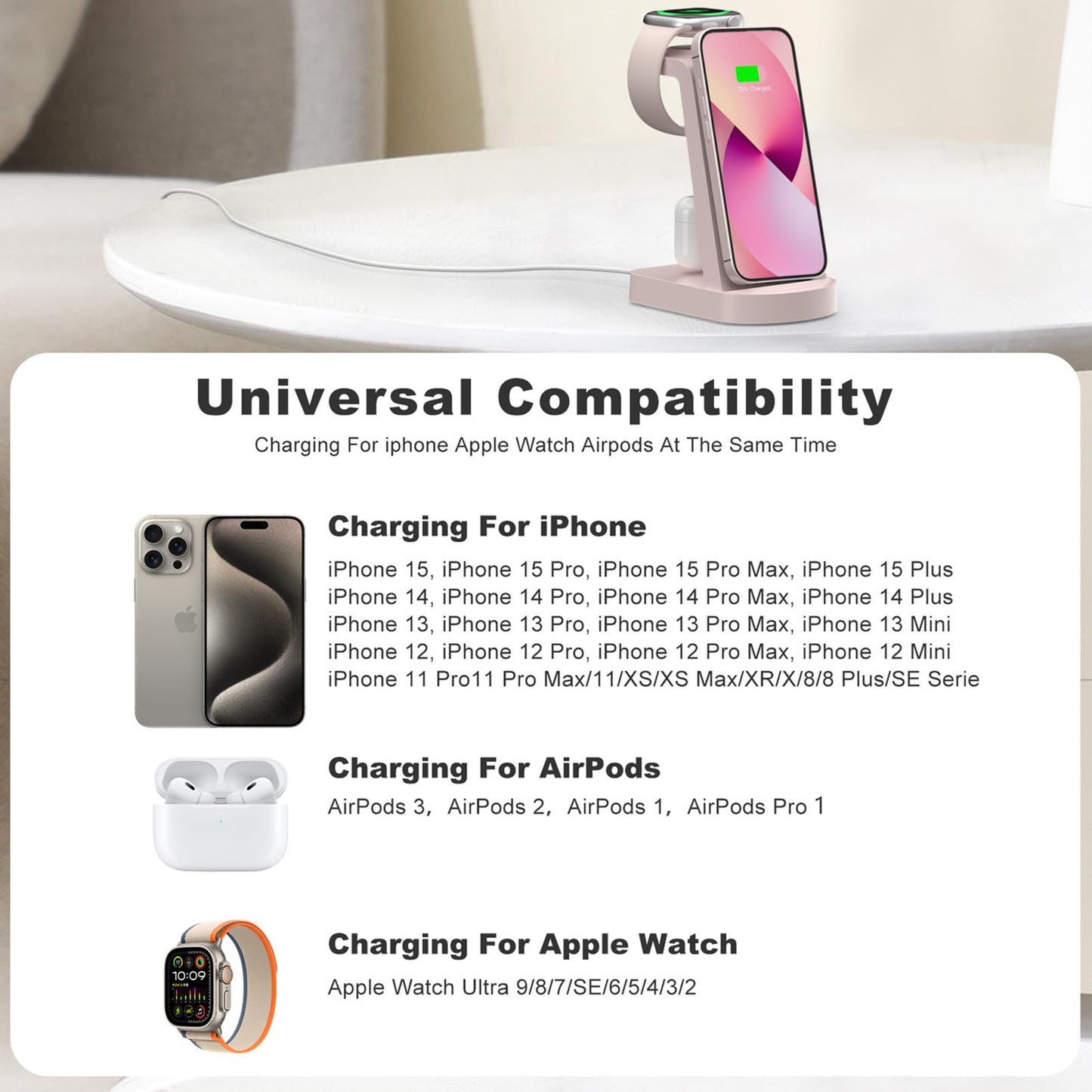 3 in 1 Caricatore Wireless,INNISTO 3 In 1 ricarica wireless station Compatibile Con i phone 15 14 13 12 11 Pro Max/Xs/Xr/X,Caricatore Apple Watch Ultra 9 8 7 6 5 4 3 2 SE,Airpods Pro/3/2/1 Rosa