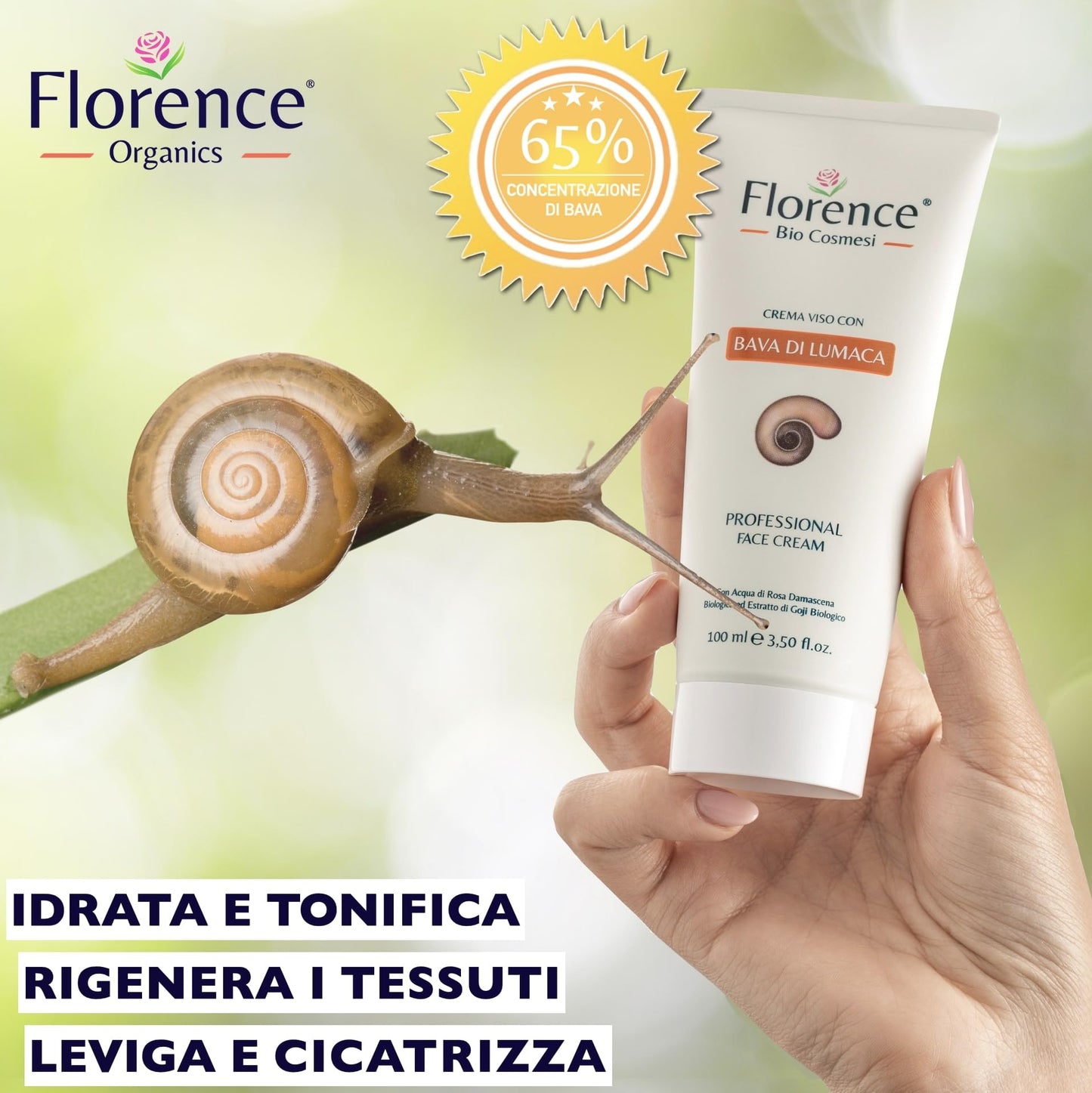 100ml. Bio Crema con Bava di Lumaca al 65%, Acido Ialuronico Puro 100%, Vitamina C, E. Ingredienti a Nota Azione Antietà, Cicatrizzante e Antimacchia per Viso, Collo e Contorno Occhi.