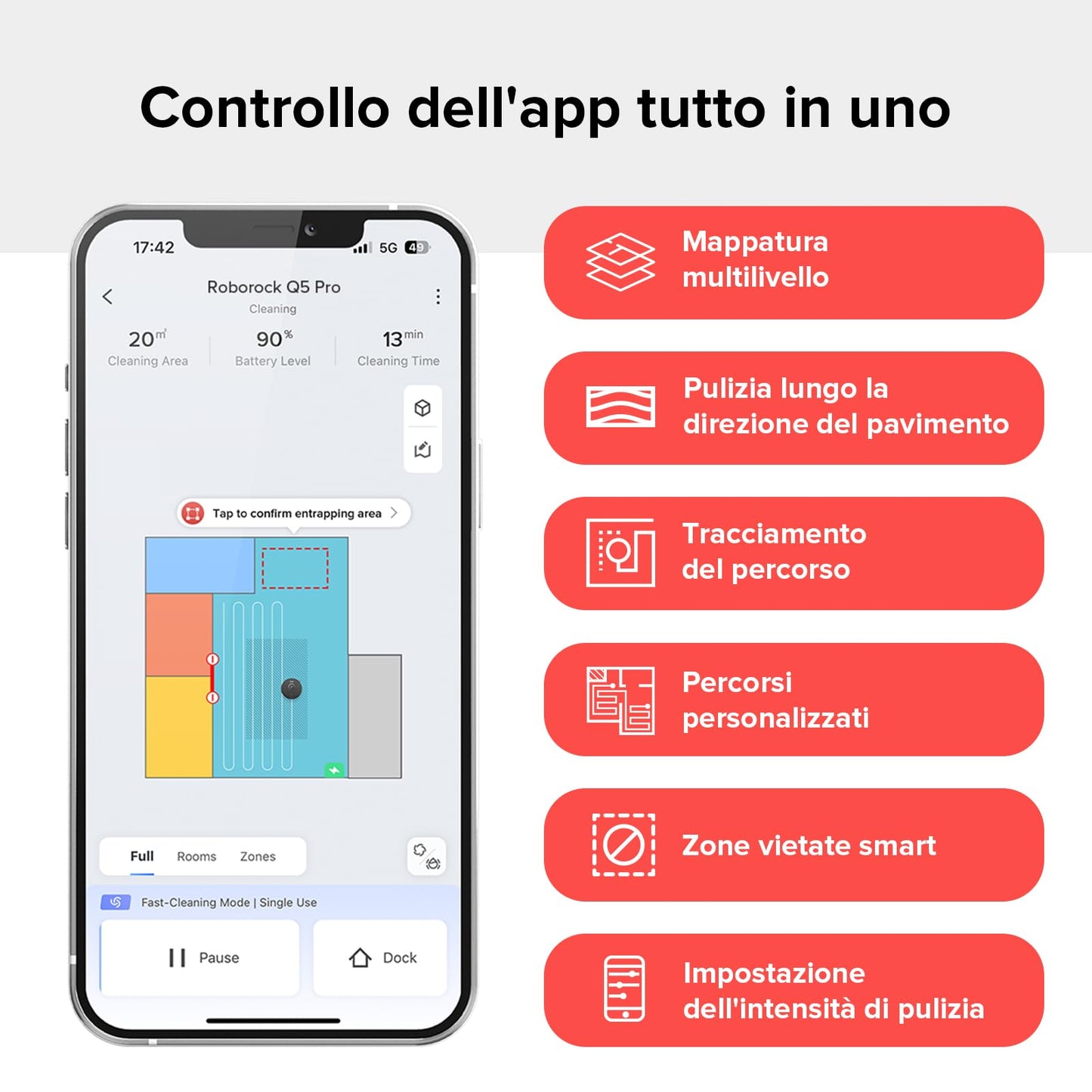 roborock Q5 Pro Robot Aspirapolvere Spazzola DuoRoller, 5500Pa, 770ml Cestino della Polvere, 180ml Serbatoio, Autonomia 240min, Aspirapolvere Lavapavimenti Navigazione LiDAR PreciSense, Alexa/APP