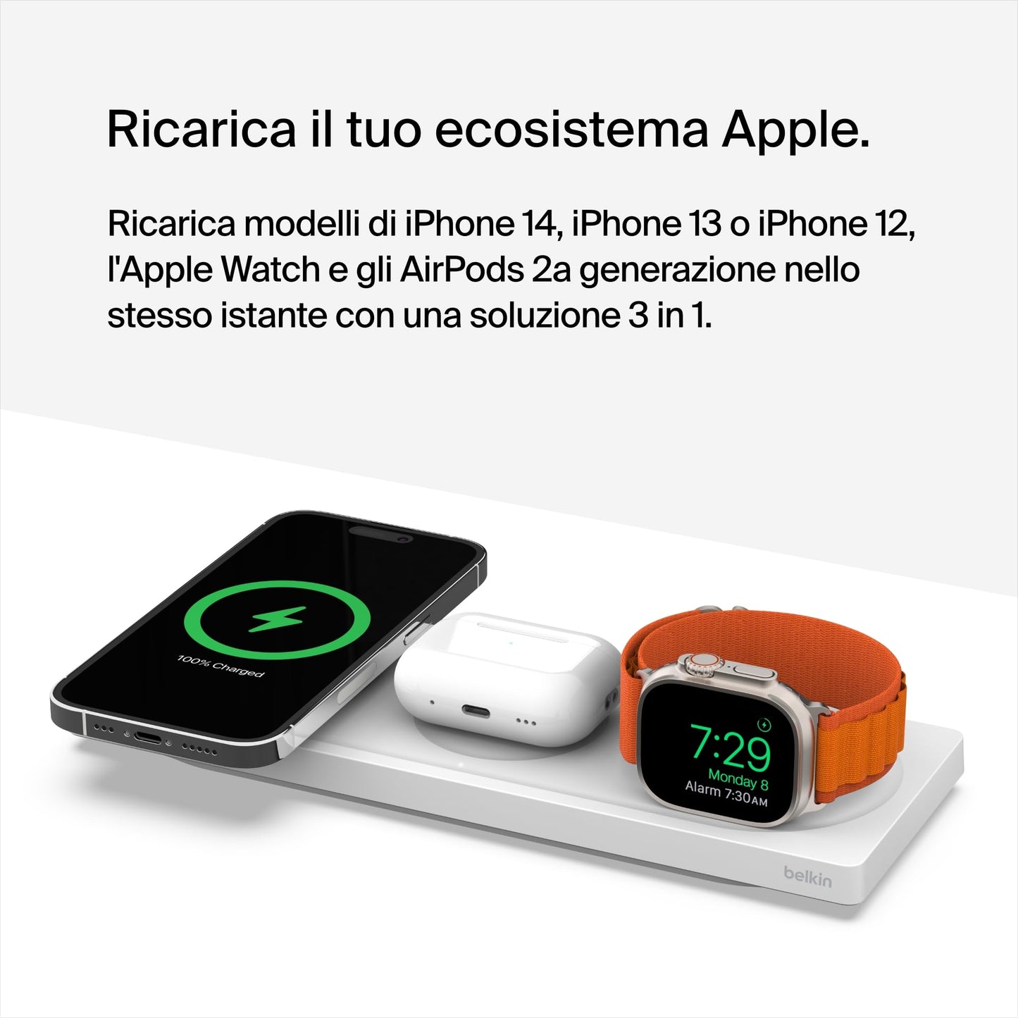 Belkin Caricabatteria wireless 3 in 1 con MagSafe, tappetino di ricarica rapida MFi, caricatore wireless per iPhone 16, 15, 14, 13, 12, Apple Watch 9, 8, 7, Ultra e precedenti, AirPods 2, Pro