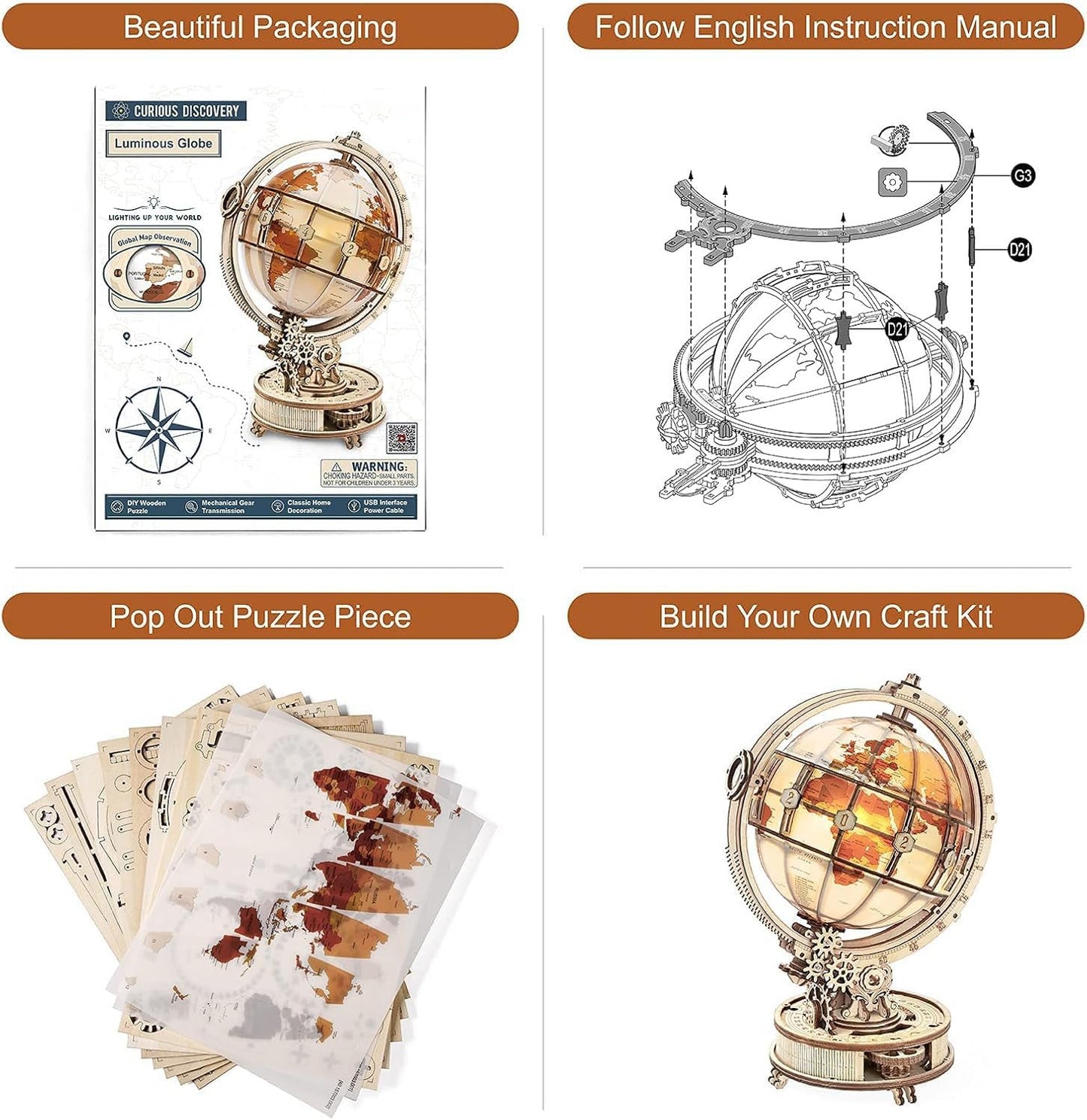 ROBOTIME Puzzle 3D in Legno Adulti, Mappamondo Luminoso, Fai-da-Te Kit di Modellismo da Costruzioni Artigianato Meccanico, Giocattoli Educativi-Ottima Idea Regalo