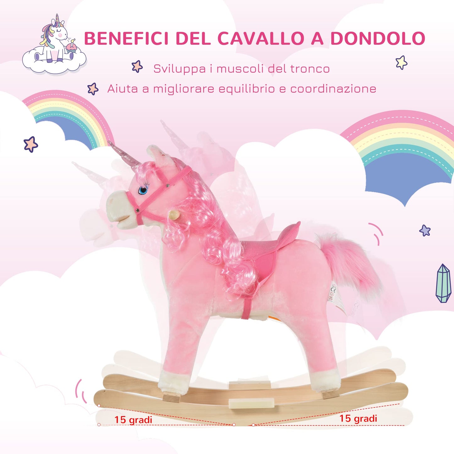 HOMCOM Cavallo a Dondolo per Bambini 36-72 Mesi, Unicorno a Dondolo con Suoni in Legno e Peluche Rosa, 74x33x62cm