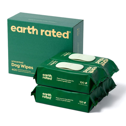 Earth Rated - Salviette per cani a base vegetale - Salviette per toelettatura detergenti e antiodore per zampe, corpo e sedere - Perfette per cuccioli e cani adulti - Inodore - 400 pezzi