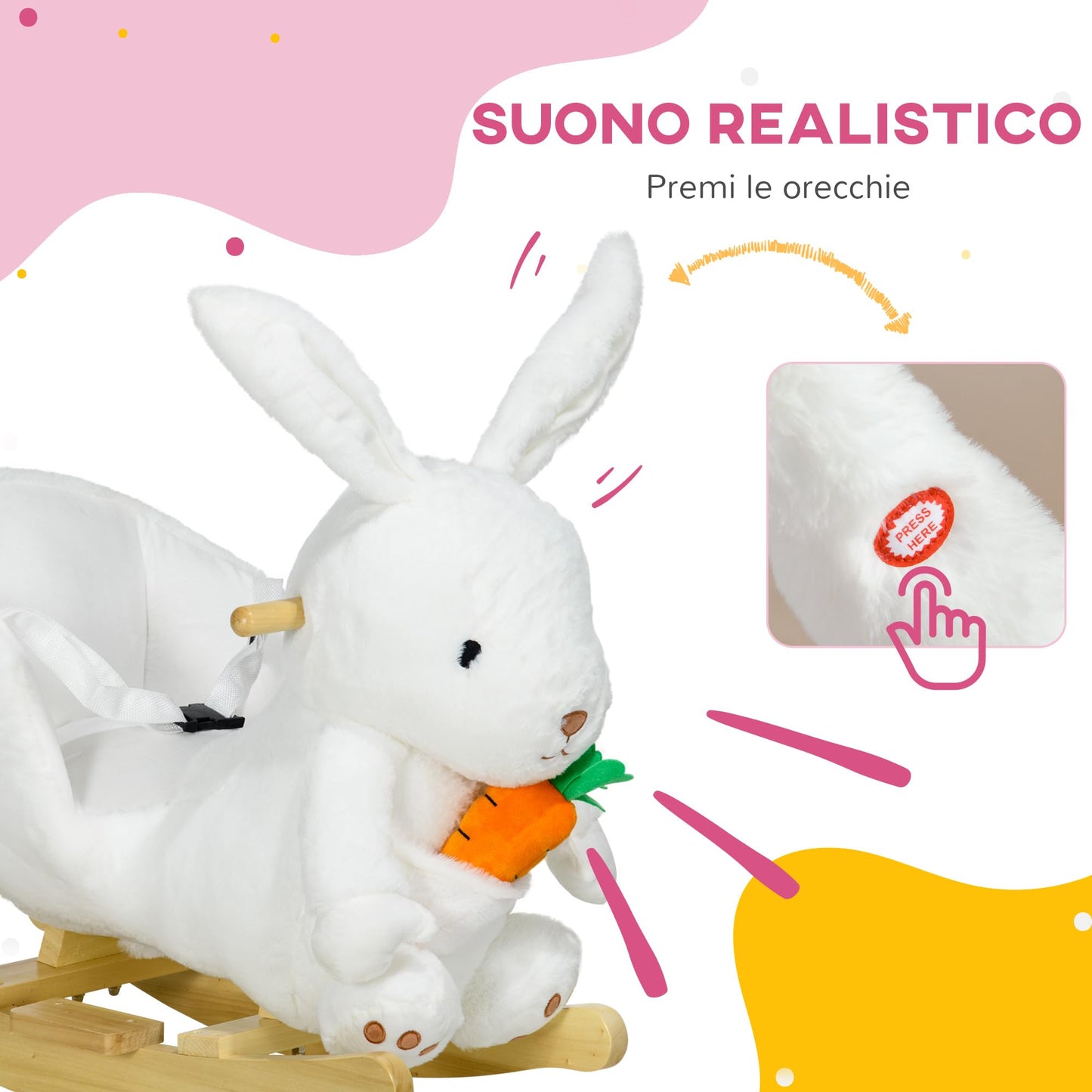 HOMCOM Cavallo a Dondolo per Bambini da 18-36 Mesi, Gioco per Bambini Cavalcabile con Suoni Realistici, 60x33x50 cm, Bianco