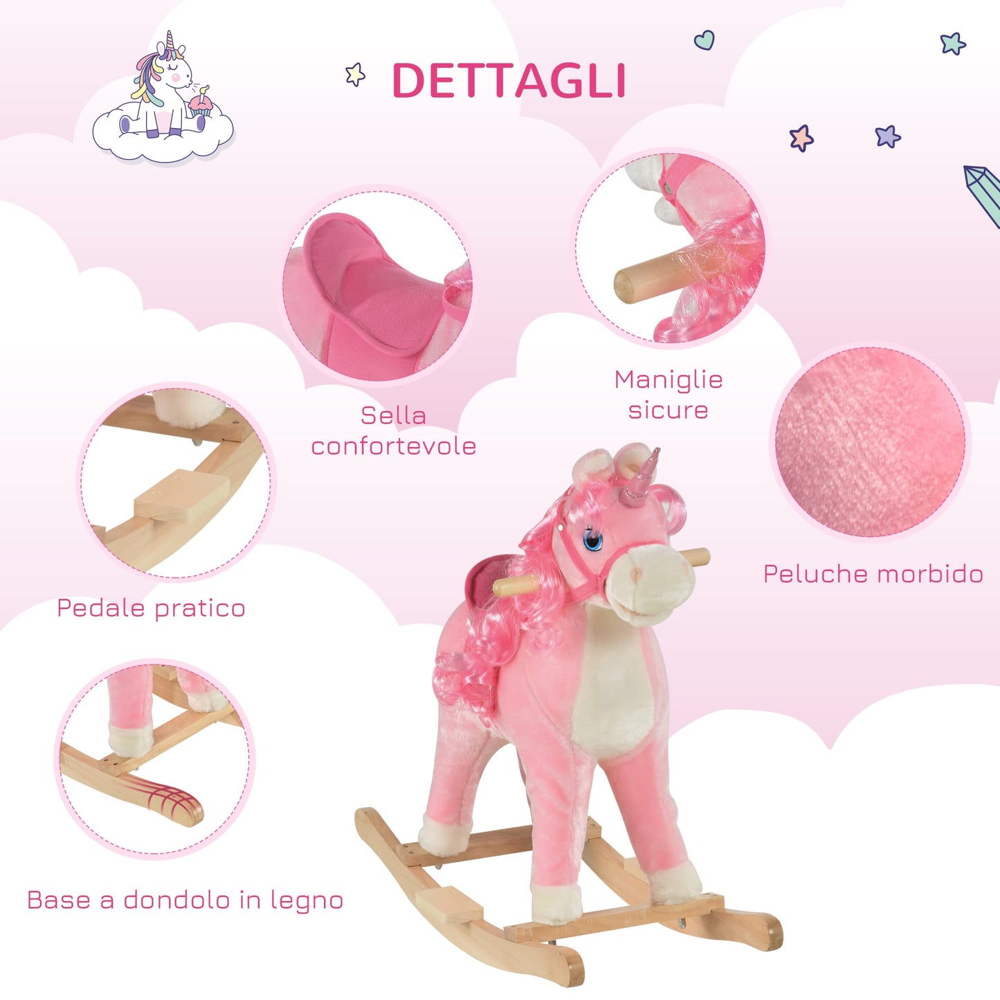 HOMCOM Cavallo a Dondolo per Bambini 36-72 Mesi, Unicorno a Dondolo con Suoni in Legno e Peluche Rosa, 74x33x62cm