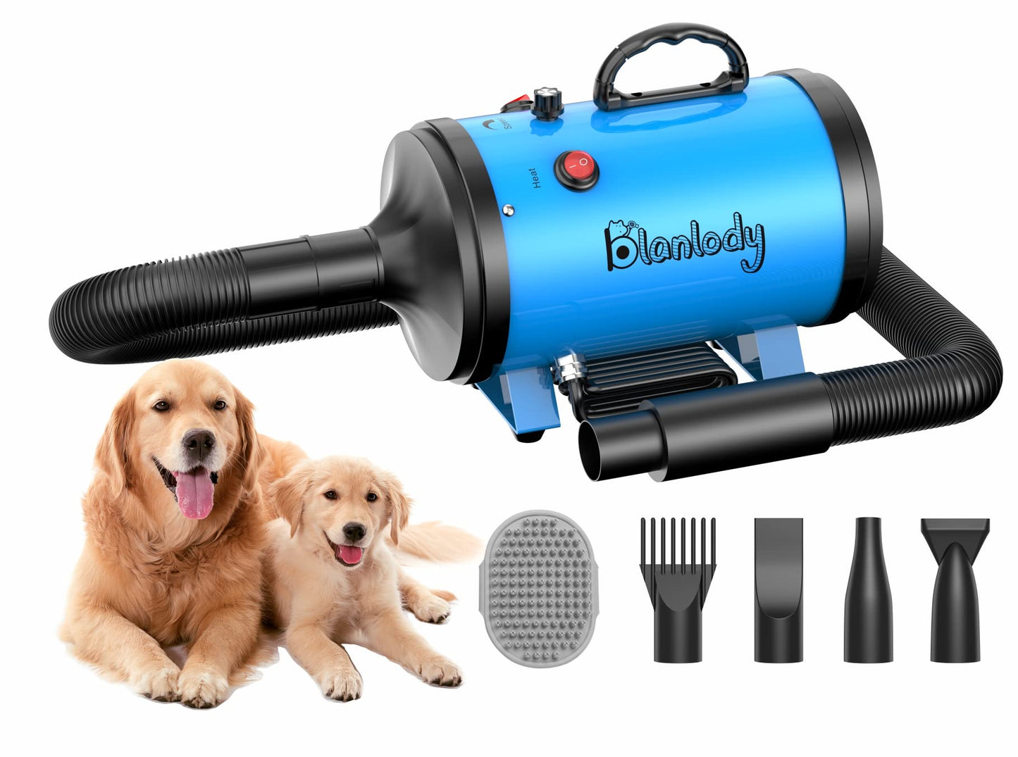 Blanlody Asciugacapelli per Cani Blower Molto Silenzioso, 4,5 CV/3200 W, velocità Regolabile, Ventilatore per la Cura del Cane con 4 Diversi ugelli, Tubo Elastico e Spazzola per la Cura