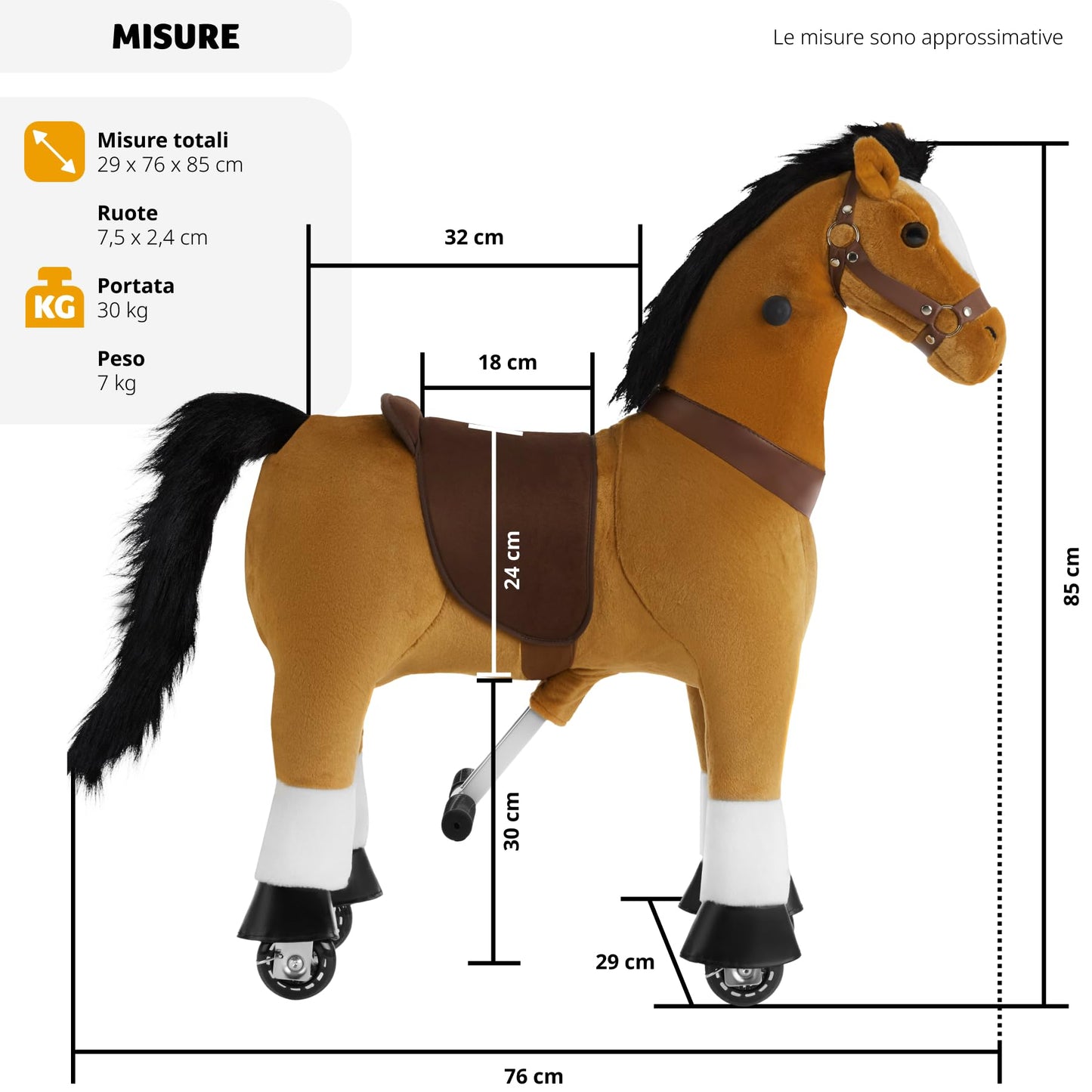 tectake® Cavallo a Dondolo con Ruote Scorrevoli, Cavallo a Dondolo per Bambini Realistico, Cavalluccio a Dondolo con Telaio in Acciaio, Cavallo Peluche Antiscivolo - 34x89x100 cm