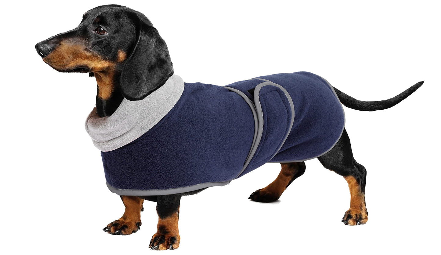 Geyecete -Invernale Cappotto per cane bassotti, con fodera in pile caldo, abbigliamento da esterni in pile polare per cani, con Foro per Imbracatura,Giacca per cani piccola y media-Blu navy-M