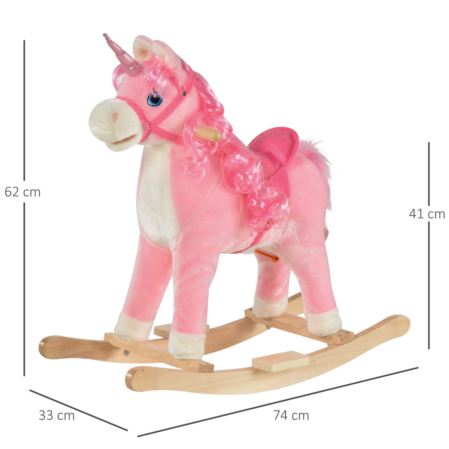 HOMCOM Cavallo a Dondolo per Bambini 36-72 Mesi, Unicorno a Dondolo con Suoni in Legno e Peluche Rosa, 74x33x62cm