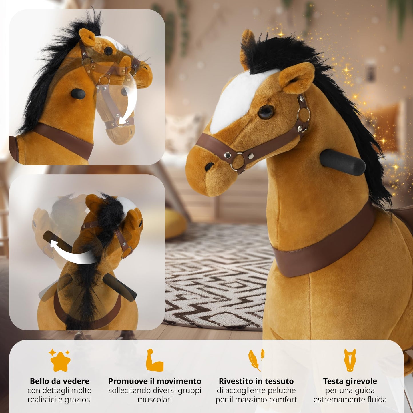 tectake® Cavallo a Dondolo con Ruote Scorrevoli, Cavallo a Dondolo per Bambini Realistico, Cavalluccio a Dondolo con Telaio in Acciaio, Cavallo Peluche Antiscivolo - 34x89x100 cm