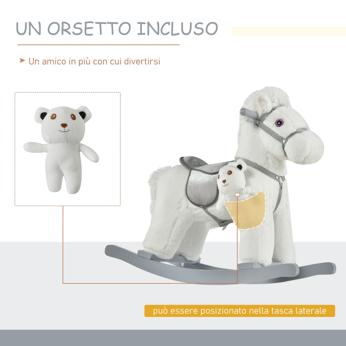 HOMCOM Cavallo a Dondolo per Bambini in Peluche e Legno con Suoni e Orsetto Incluso, per Bimbi da 18-36 Mesi, 65x26x55cm, Bianco