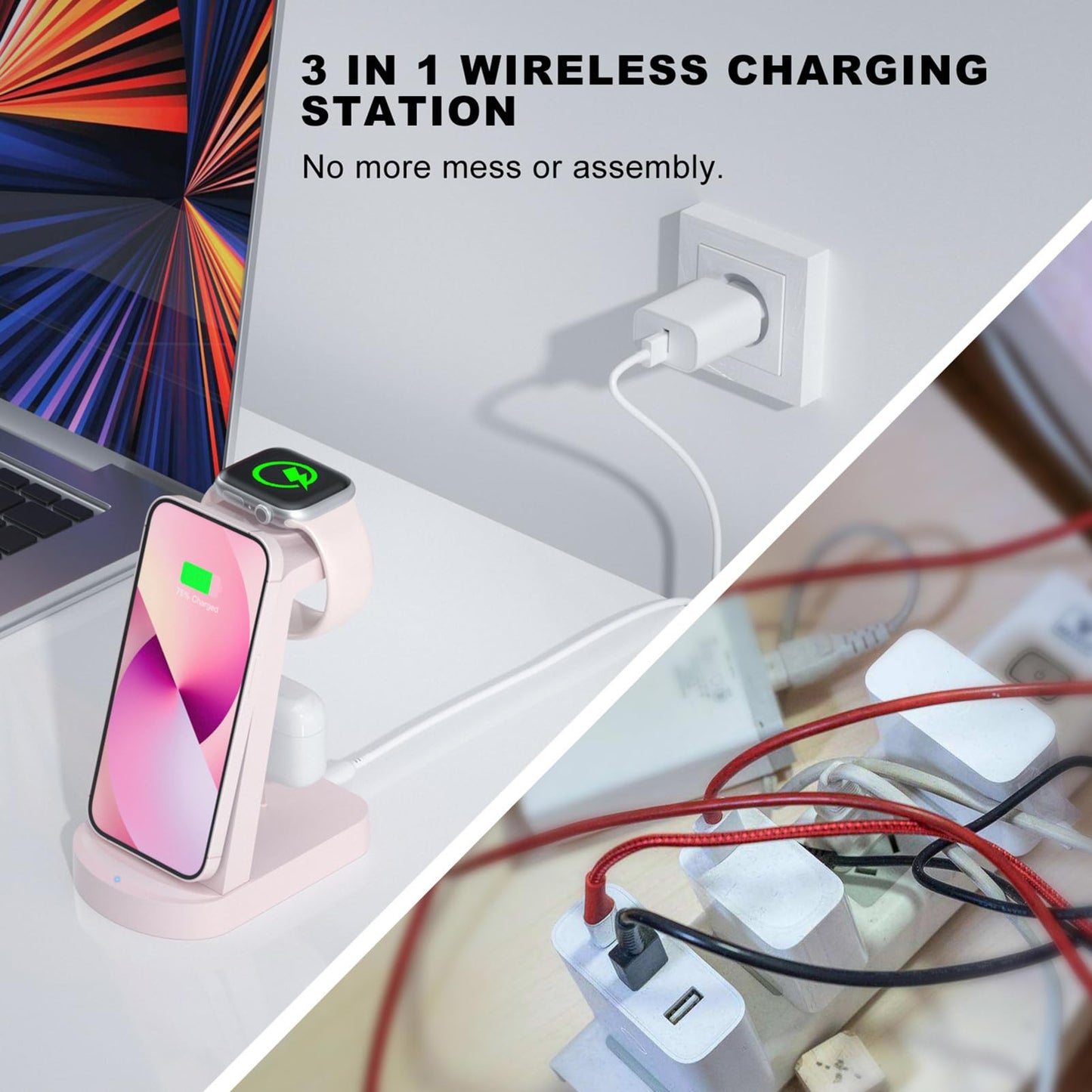 3 in 1 Caricatore Wireless,INNISTO 3 In 1 ricarica wireless station Compatibile Con i phone 15 14 13 12 11 Pro Max/Xs/Xr/X,Caricatore Apple Watch Ultra 9 8 7 6 5 4 3 2 SE,Airpods Pro/3/2/1 Rosa