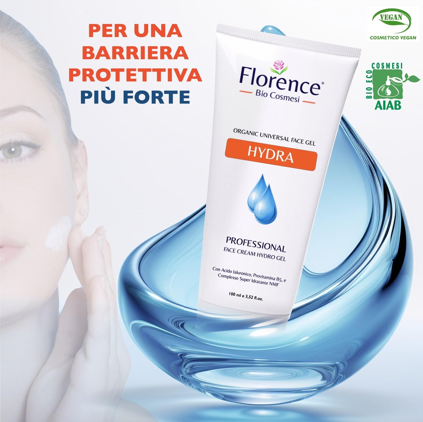 Crema Gel Viso con Ingredienti Antirughe, Acido Ialuronico e Niacinamide. Idratante Donna e Uomo, Hydra Florence Organic Face per Pelle Luminosa, Rivitalizzata e Levigata Texture Leggera,100 ml