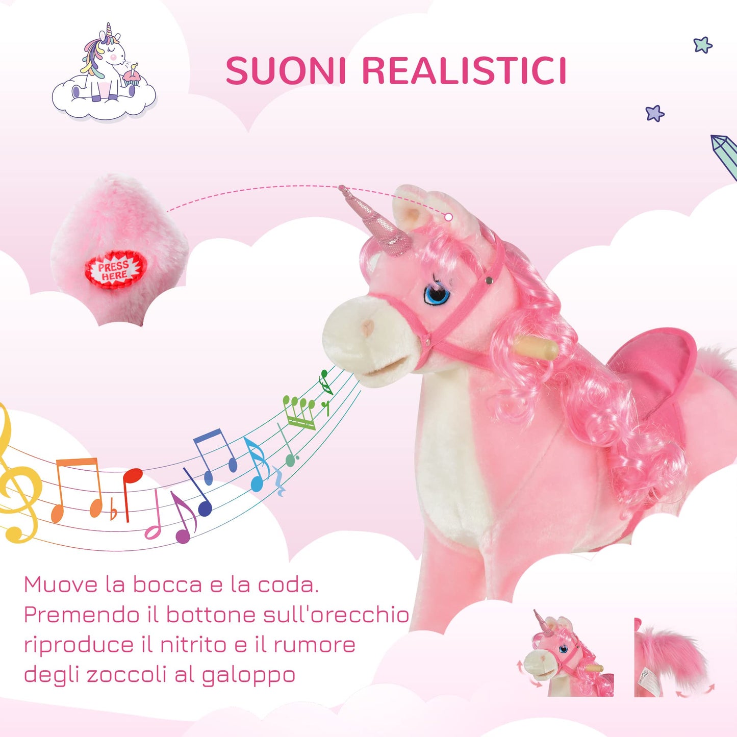 HOMCOM Cavallo a Dondolo per Bambini 36-72 Mesi, Unicorno a Dondolo con Suoni in Legno e Peluche Rosa, 74x33x62cm