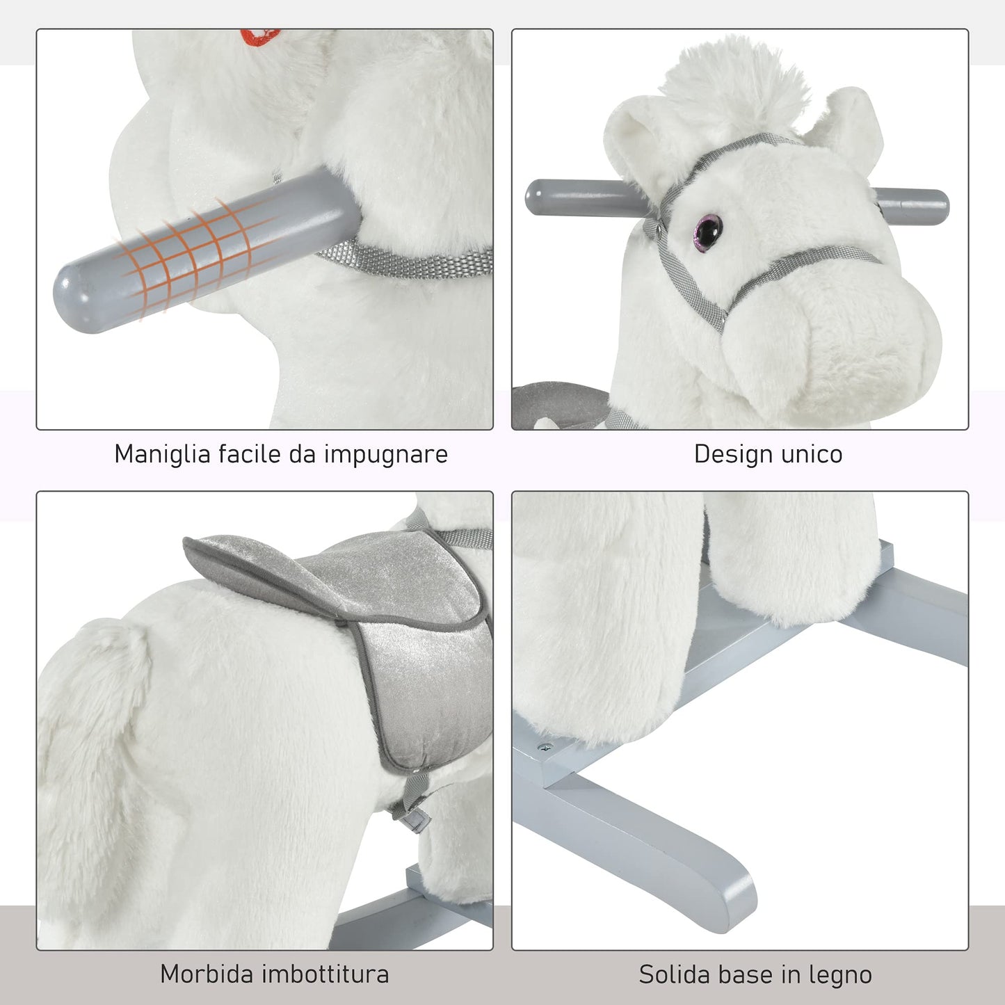 HOMCOM Cavallo a Dondolo per Bambini in Peluche e Legno con Suoni e Orsetto Incluso, per Bimbi da 18-36 Mesi, 65x26x55cm, Bianco