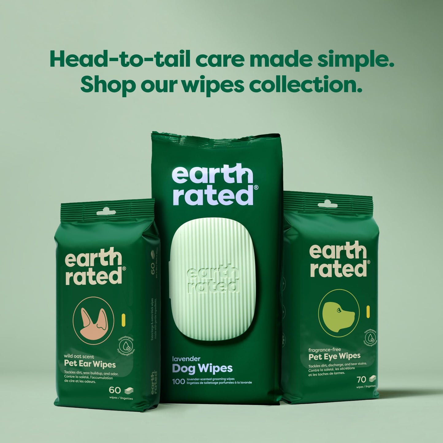 Earth Rated - Salviette per cani a base vegetale - Salviette per toelettatura detergenti e antiodore per zampe, corpo e sedere - Perfette per cuccioli e cani adulti - Inodore - 400 pezzi