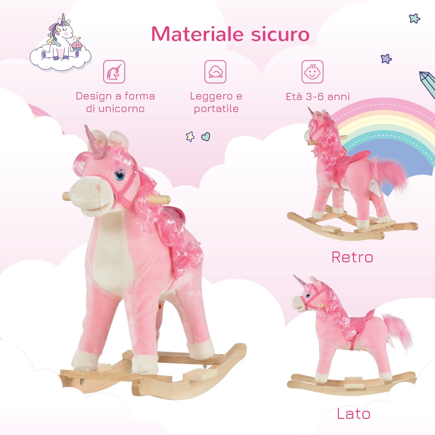 HOMCOM Cavallo a Dondolo per Bambini 36-72 Mesi, Unicorno a Dondolo con Suoni in Legno e Peluche Rosa, 74x33x62cm