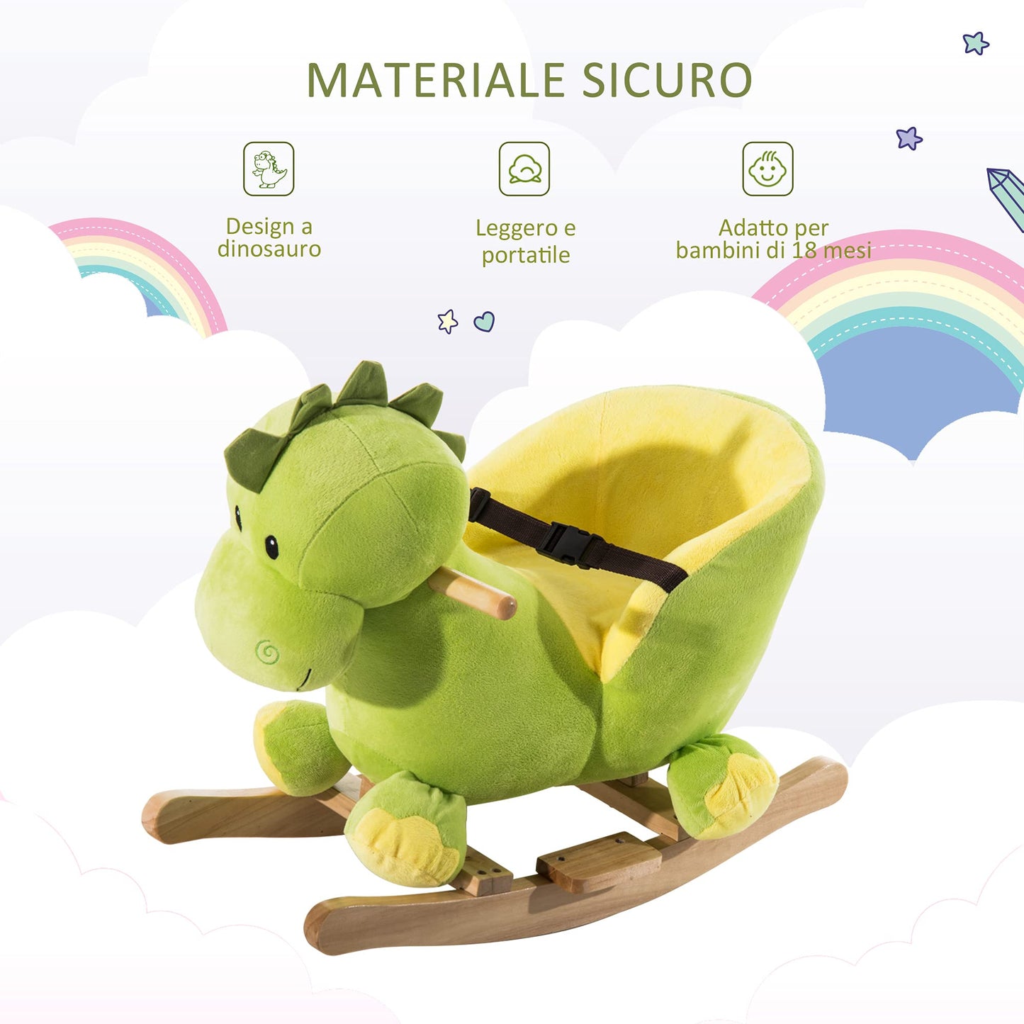 HOMCOM Cavallo a Dondolo in Legno Dinosauro per i Bambini 60x33x45cm