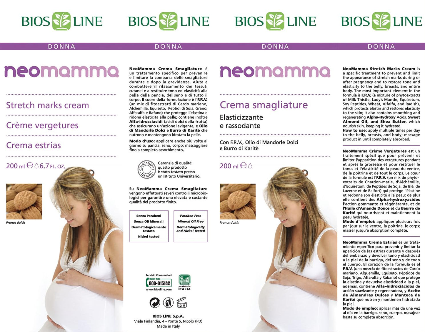 BIOS LINE NeoMamma Crema Smagliature Gravidanza, Crema Tonificante e Elasticizzante con Olio di Mandorle Dolci e Burro di Karité, 200ml