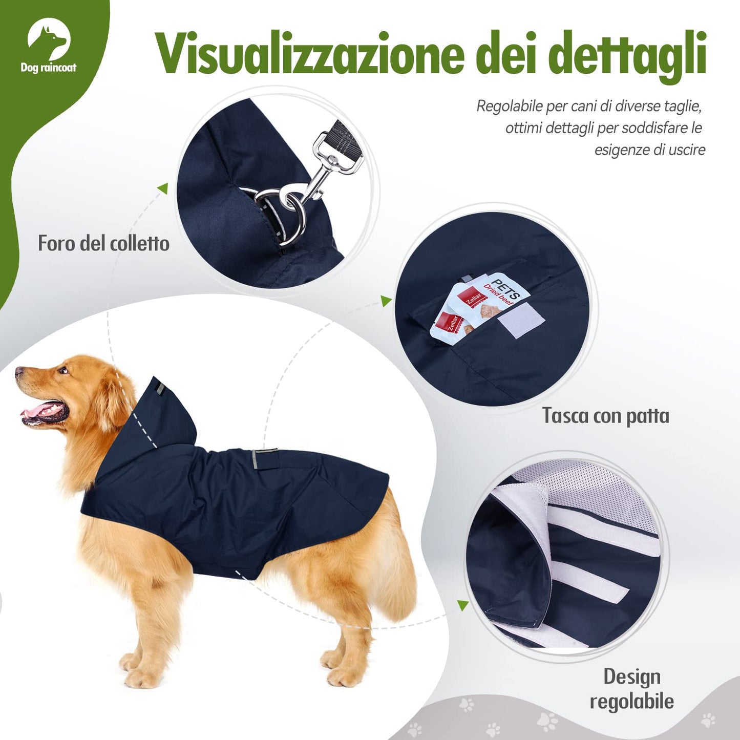 Zellar Impermeabile per Cani con Cappuccio e Foro per Colletto e Strisce Riflettenti protettive, Impermeabile Ultraleggero e Impermeabile 100% Impermeabile Cani di Taglia Media Large blu