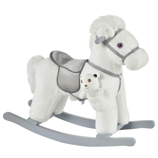 HOMCOM Cavallo a Dondolo per Bambini in Peluche e Legno con Suoni e Orsetto Incluso, per Bimbi da 18-36 Mesi, 65x26x55cm, Bianco