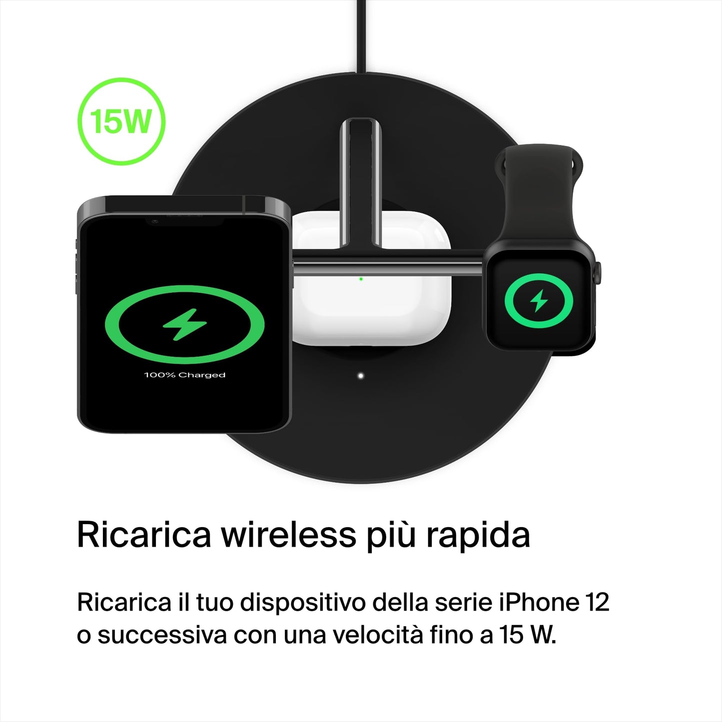 Belkin Caricabatterie wireless 3 in 1 con MagSafe, caricatore wireless rapida per iPhone (15 W) e per Apple Watch, stazione di ricarica per iPhone 16, 15, 14, 13, 12, Apple Watch e AirPods - nero