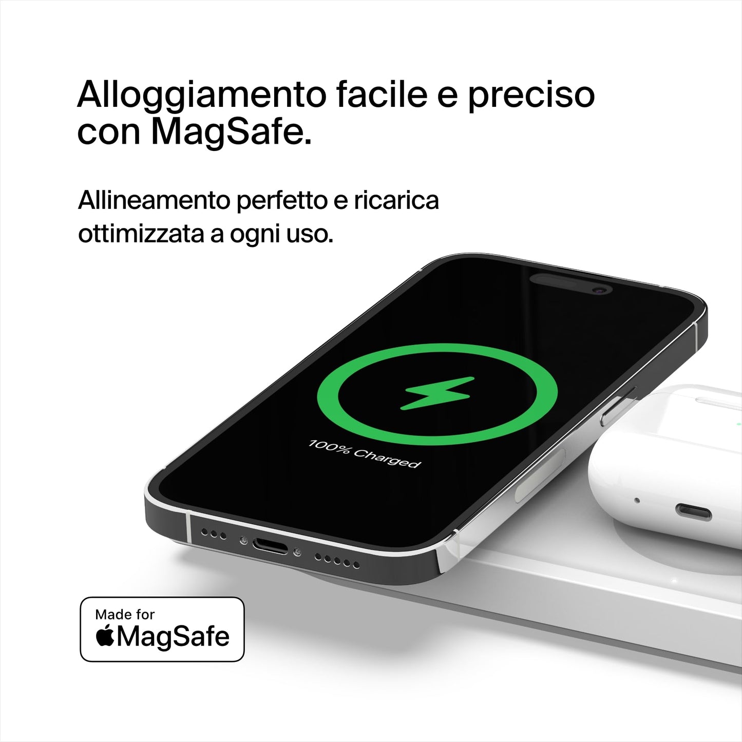 Belkin Caricabatteria wireless 3 in 1 con MagSafe, tappetino di ricarica rapida MFi, caricatore wireless per iPhone 16, 15, 14, 13, 12, Apple Watch 9, 8, 7, Ultra e precedenti, AirPods 2, Pro