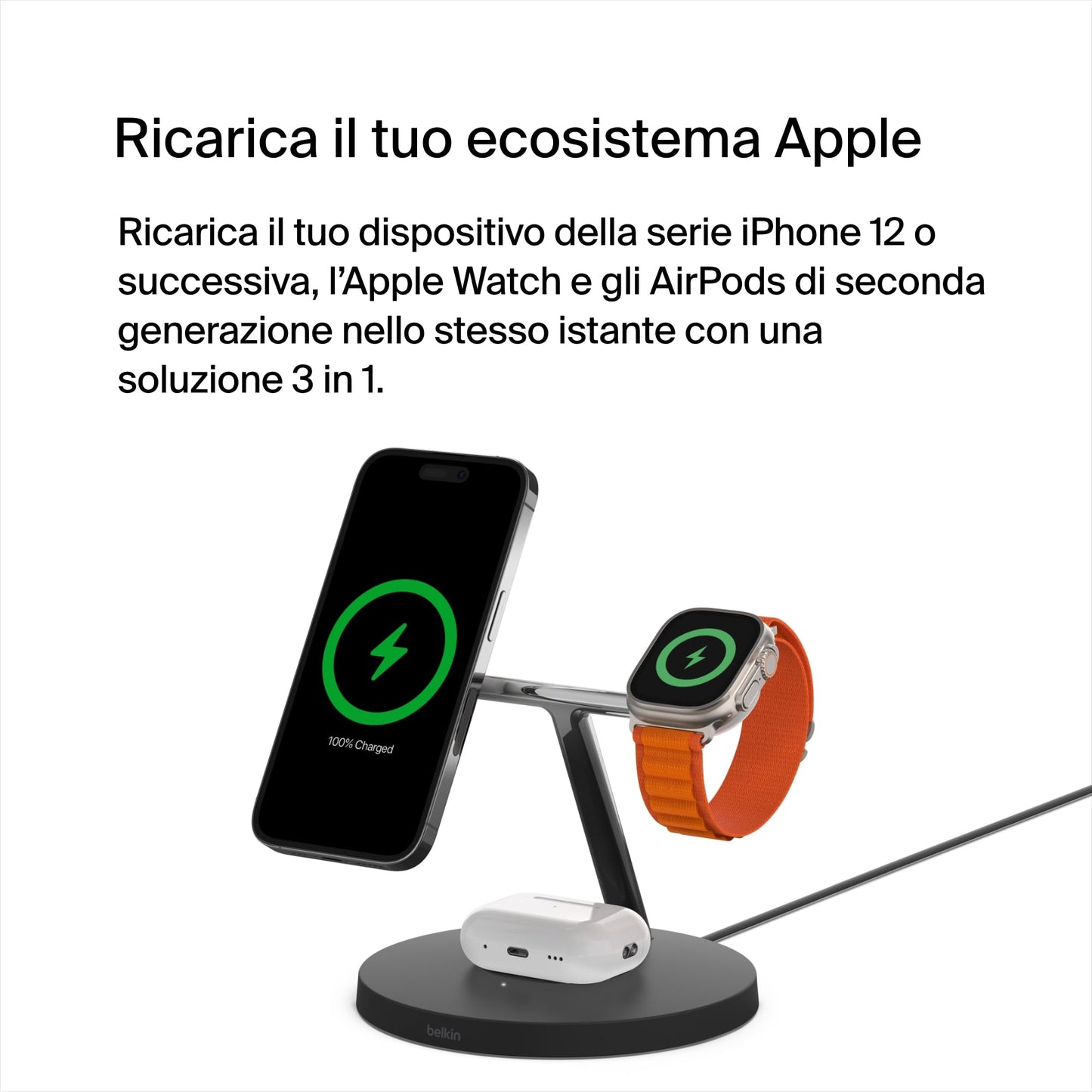 Belkin Caricabatterie wireless 3 in 1 con MagSafe, caricatore wireless rapida per iPhone (15 W) e per Apple Watch, stazione di ricarica per iPhone 16, 15, 14, 13, 12, Apple Watch e AirPods - nero