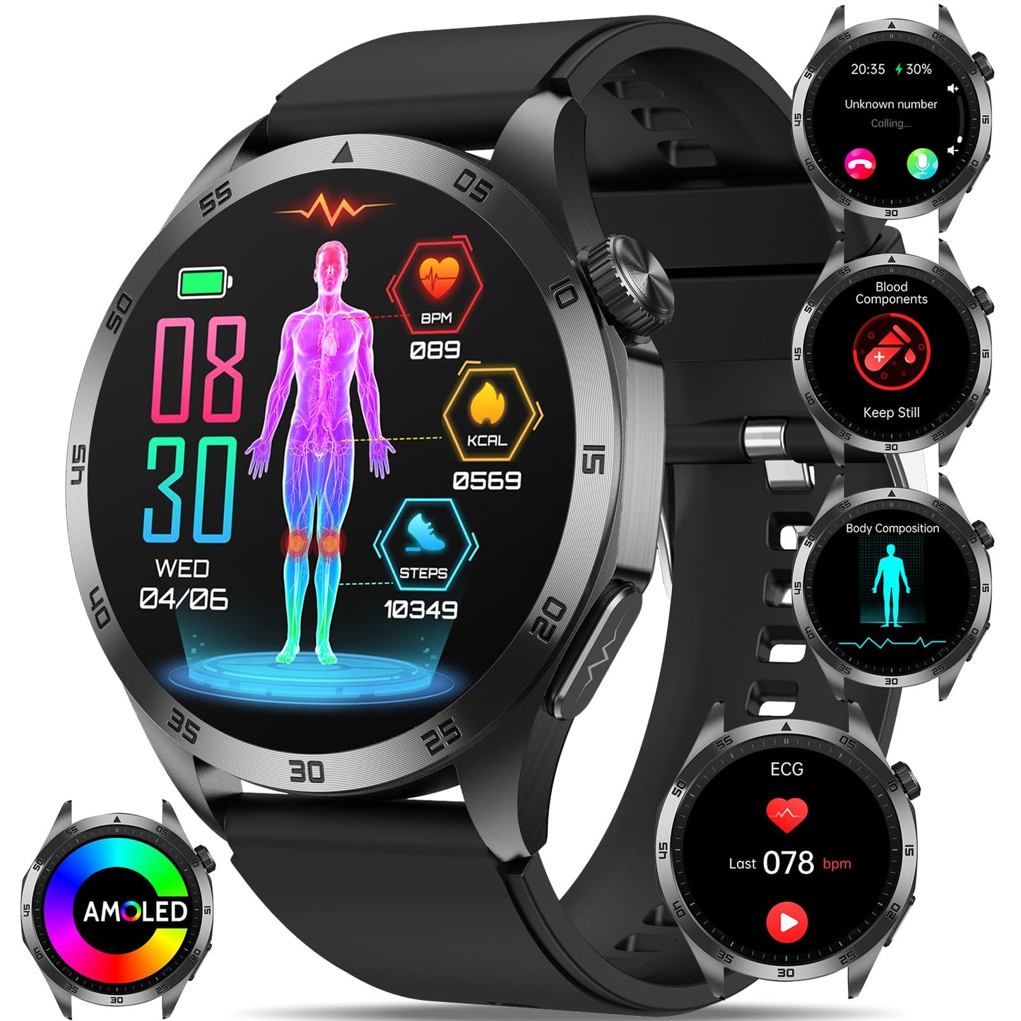 Orologio Smartwatch Uomo Donna 𝐆li𝐜𝐞𝐦𝐢𝐚 ECG+HRV/acido urico/BMI,1.43"AMOLED con funzione telefono,pulsante SOS/pressione sanguigna/affaticamento/rilevamento delle emozioni/sonno per Android iOS