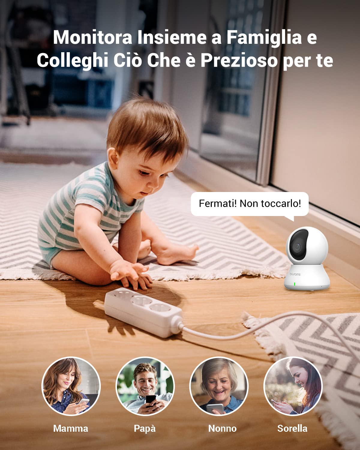 blurams Telecamera Wi-Fi Interno,2K Videocamera Sorveglianza,Rotazione a 360°,Visione Notturna, Tracciamento del Movimento,Audio Bidirezionale Compatibile con Alexa (2,4GHz/5GHz)