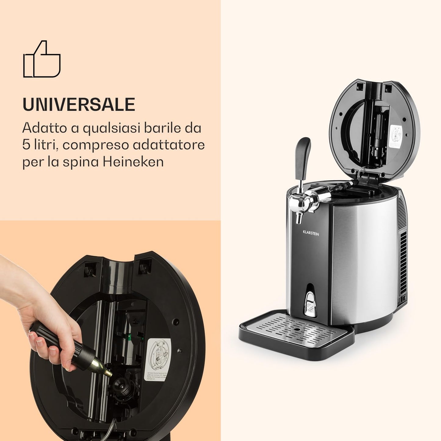 Klarstein Skal - Spillatore Birra, Spillatrice, Spillatore Birra da Casa 5 Litri, 3 x Cartuccia a Pressione CO² e Adattatore, Display LED, Silenzioso, 2-12 °C, Vassoio Gocce, Acciaio Inox, Argento