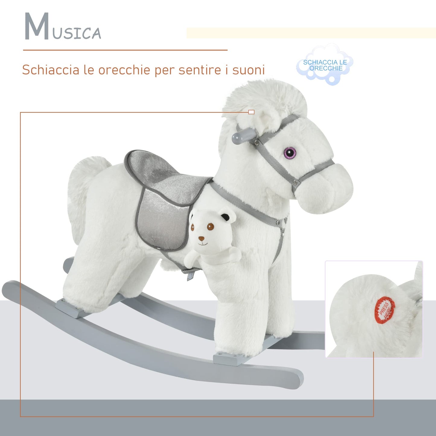 HOMCOM Cavallo a Dondolo per Bambini in Peluche e Legno con Suoni e Orsetto Incluso, per Bimbi da 18-36 Mesi, 65x26x55cm, Bianco