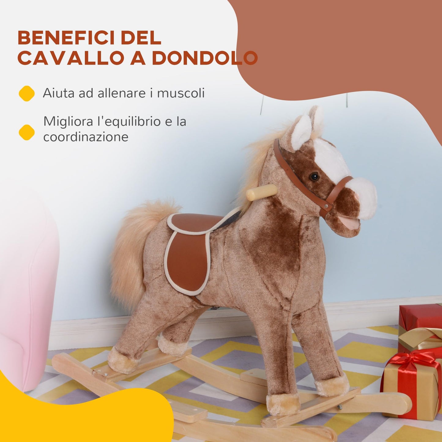 HOMCOM Cavallo a Dondolo in Legno Giocattolo Cavalcabile Bambini Peluche 74 × 33 × 62cm