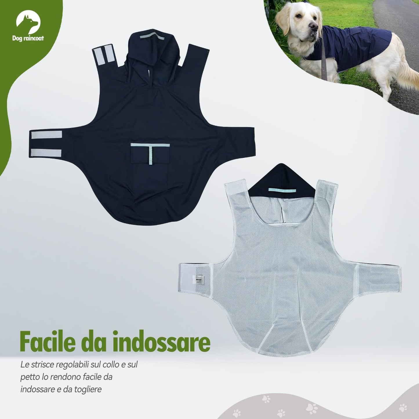 Zellar Impermeabile per Cani con Cappuccio e Foro per Colletto e Strisce Riflettenti protettive, Impermeabile Ultraleggero e Impermeabile 100% Impermeabile Cani di Taglia Media Large blu