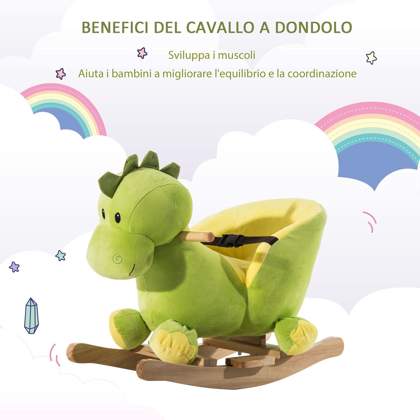 HOMCOM Cavallo a Dondolo in Legno Dinosauro per i Bambini 60x33x45cm