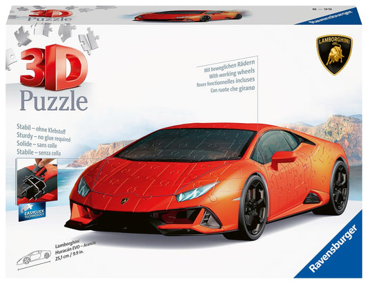 Ravensburger - Puzzle 3D, Lamborghini Huracán Evo Arancione, per Adulti e Bambini 8+ Anni, Idea Regalo, Modellismo Auto, Regali Natale, 156 Pezzi, 32 accessori