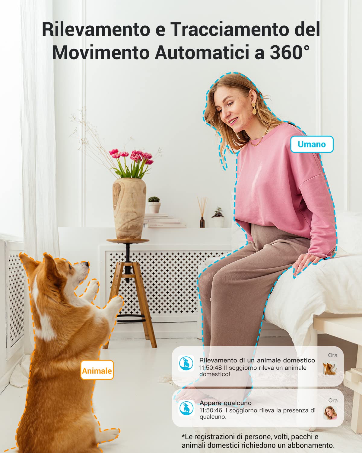 blurams Telecamera Wi-Fi Interno,2K Videocamera Sorveglianza,Rotazione a 360°,Visione Notturna, Tracciamento del Movimento,Audio Bidirezionale Compatibile con Alexa (2,4GHz/5GHz)