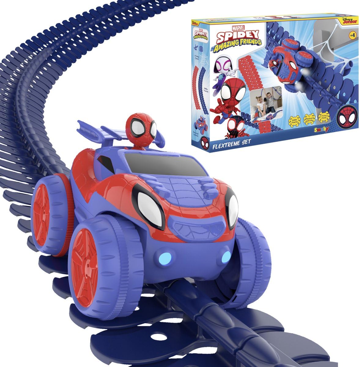 Smoby- Spidey FleXtreme Set, 7600180918, +4 anni, 4.4 m di pista, 184 pz, 1 auto spidey, batterie incluse