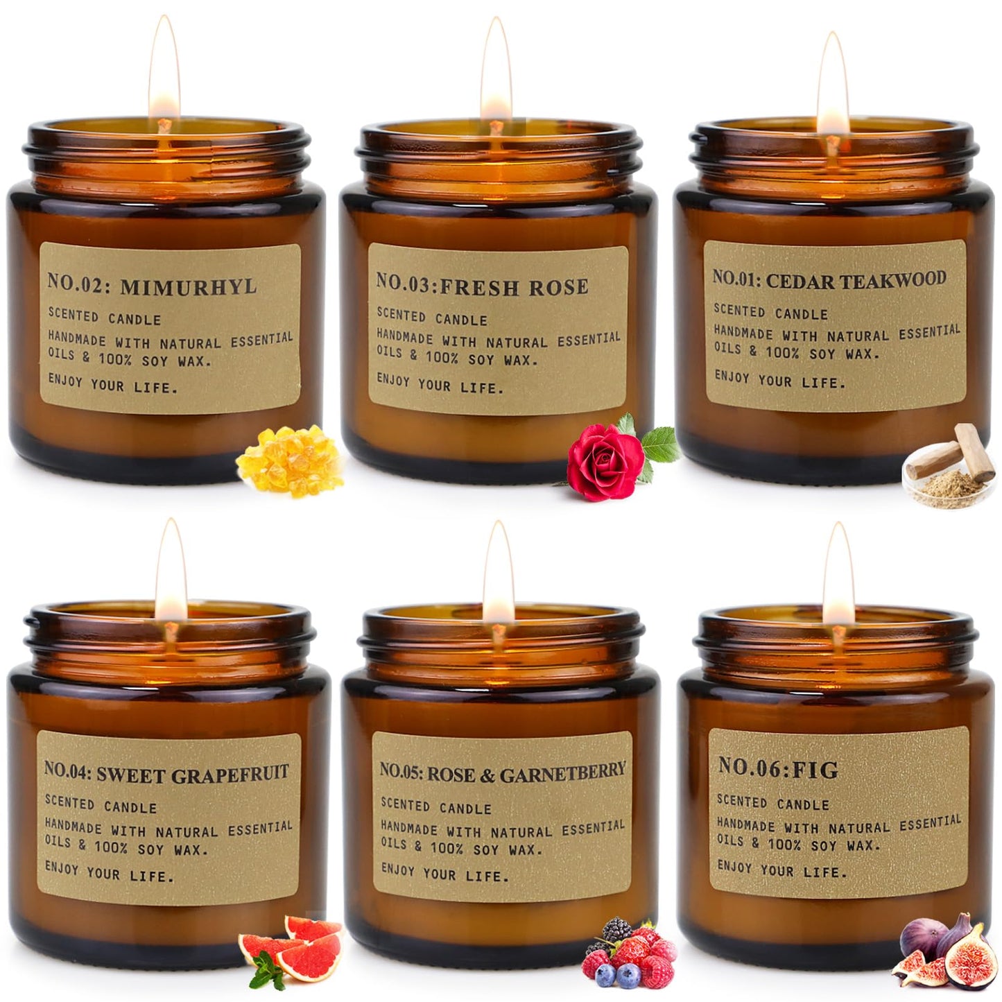 Candele Profumate Set di 6 Pezzi in Vetro, 600g Cera di Soia Profumo di Rose, Legno di teak, Grapfruit Aromaterapia Set Candele Regalo per Mamma, Regali di Natale e Capodanno Durata Fino a 150 Ore