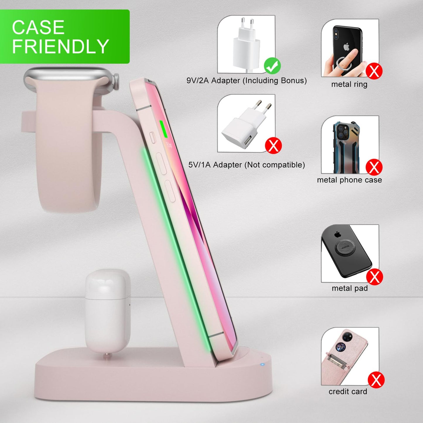 3 in 1 Caricatore Wireless,INNISTO 3 In 1 ricarica wireless station Compatibile Con i phone 15 14 13 12 11 Pro Max/Xs/Xr/X,Caricatore Apple Watch Ultra 9 8 7 6 5 4 3 2 SE,Airpods Pro/3/2/1 Rosa