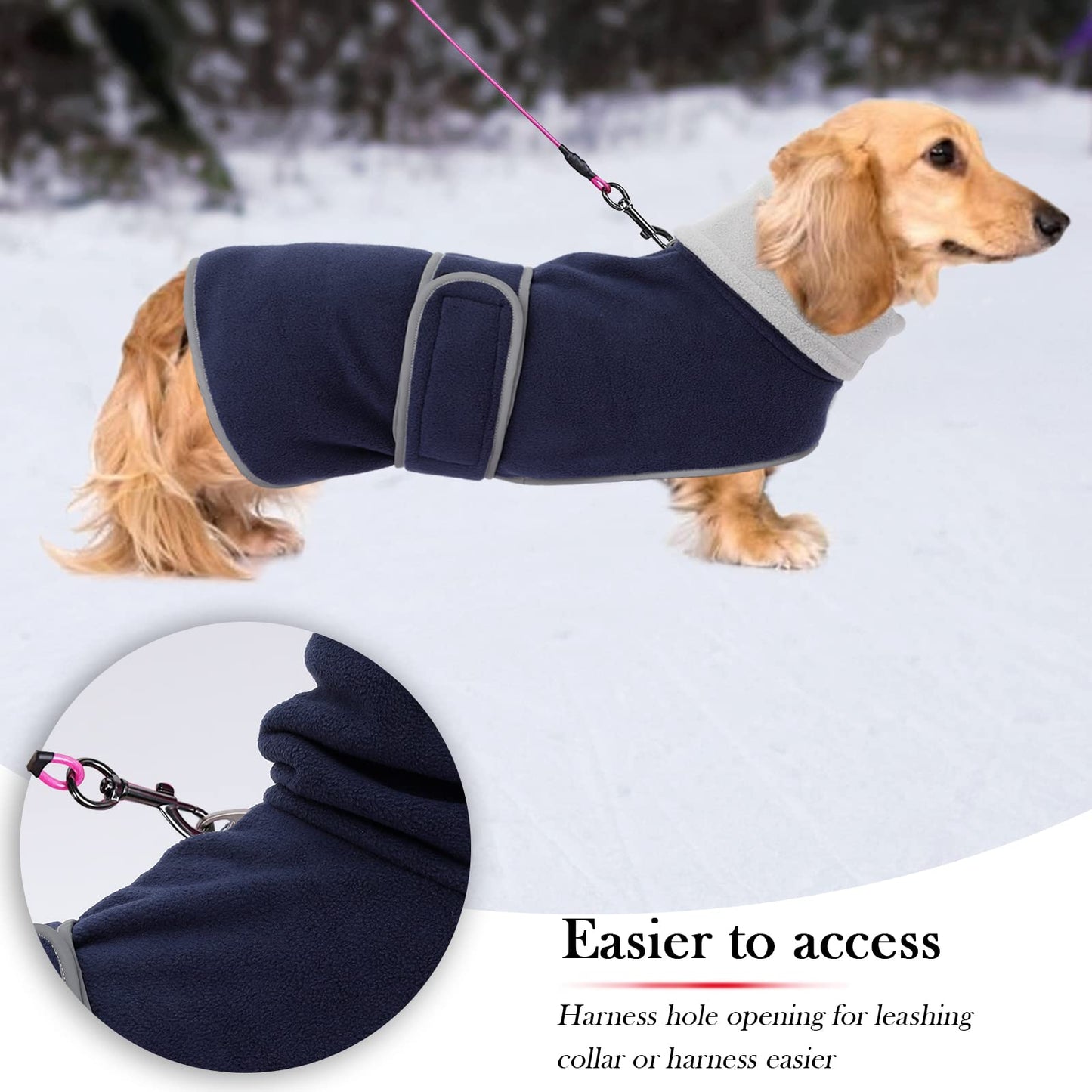 Geyecete -Invernale Cappotto per cane bassotti, con fodera in pile caldo, abbigliamento da esterni in pile polare per cani, con Foro per Imbracatura,Giacca per cani piccola y media-Blu navy-M