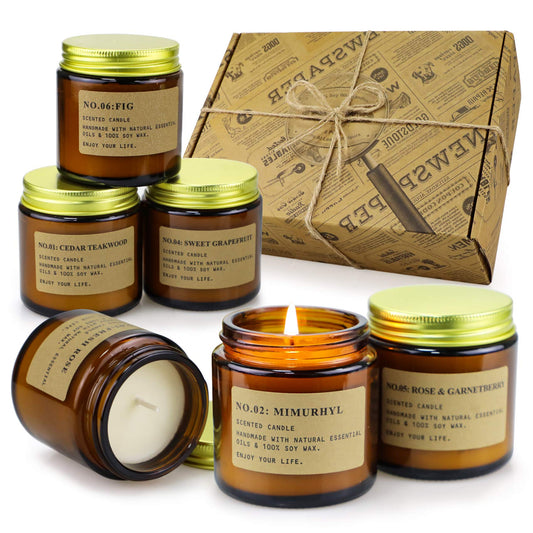 Candele Profumate Set di 6 Pezzi in Vetro, 600g Cera di Soia Profumo di Rose, Legno di teak, Grapfruit Aromaterapia Set Candele Regalo per Mamma, Regali di Natale e Capodanno Durata Fino a 150 Ore