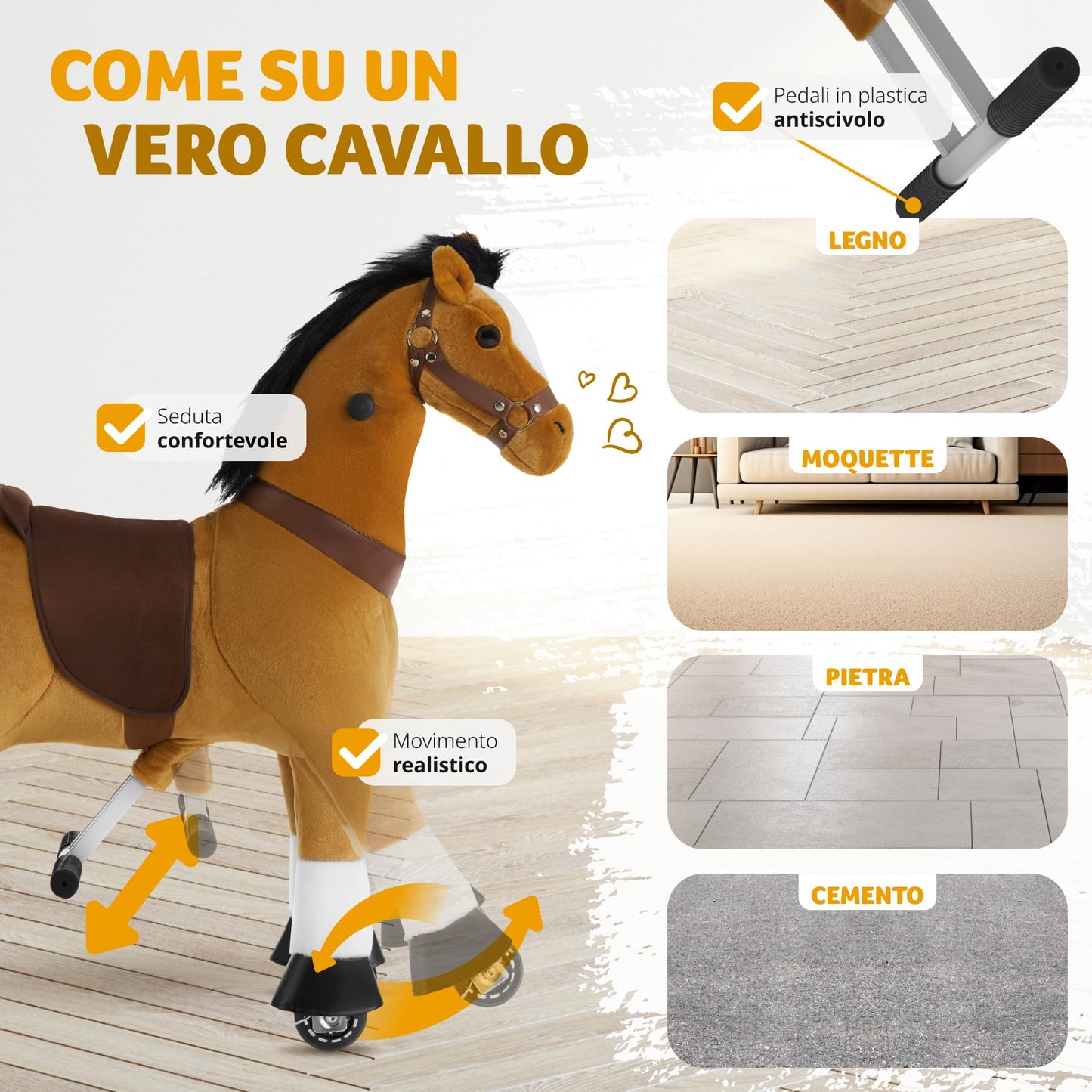 tectake® Cavallo a Dondolo con Ruote Scorrevoli, Cavallo a Dondolo per Bambini Realistico, Cavalluccio a Dondolo con Telaio in Acciaio, Cavallo Peluche Antiscivolo - 34x89x100 cm