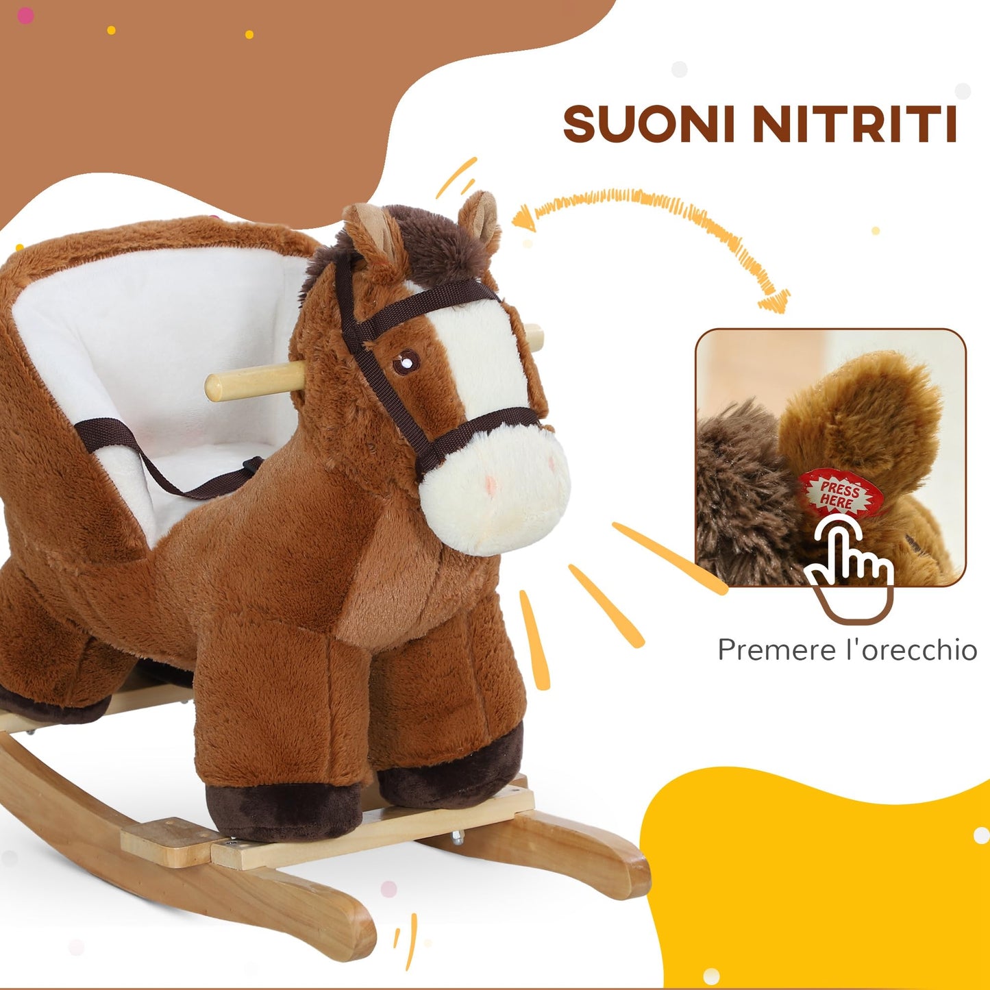 AIYAPLAY Cavallo a Dondolo per Bambini 18-36 Mesi, Cavallino in Peluche con Suoni, Base in Legno e Cintura di Sicurezza, Marrone