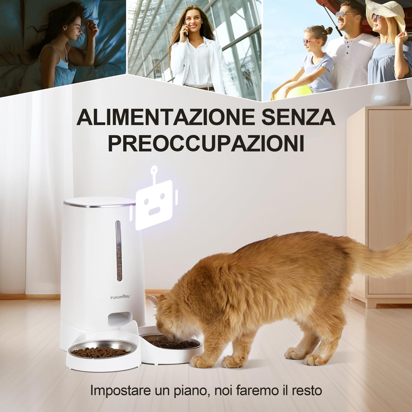 FUKUMARU Distributore Automatico Cibo Gatti, 4L Distributore Cibo Cani con 2 Ciotole in Acciaio Inox, 10 Pasti al Giorno e Controllo del Timer,Consumato per Circa 20 giorni.2.4G WiFi. USB e Batterie