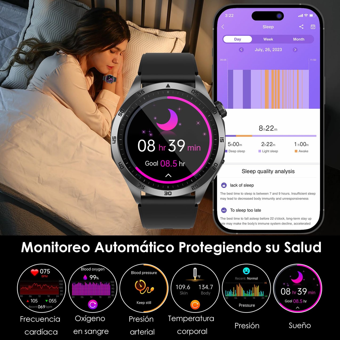 Orologio Smartwatch Uomo Donna 𝐆li𝐜𝐞𝐦𝐢𝐚 ECG+HRV/acido urico/BMI,1.43"AMOLED con funzione telefono,pulsante SOS/pressione sanguigna/affaticamento/rilevamento delle emozioni/sonno per Android iOS