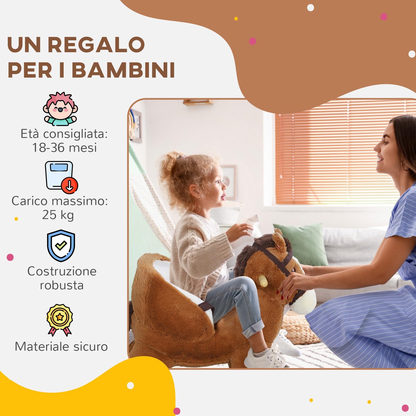 AIYAPLAY Cavallo a Dondolo per Bambini 18-36 Mesi, Cavallino in Peluche con Suoni, Base in Legno e Cintura di Sicurezza, Marrone