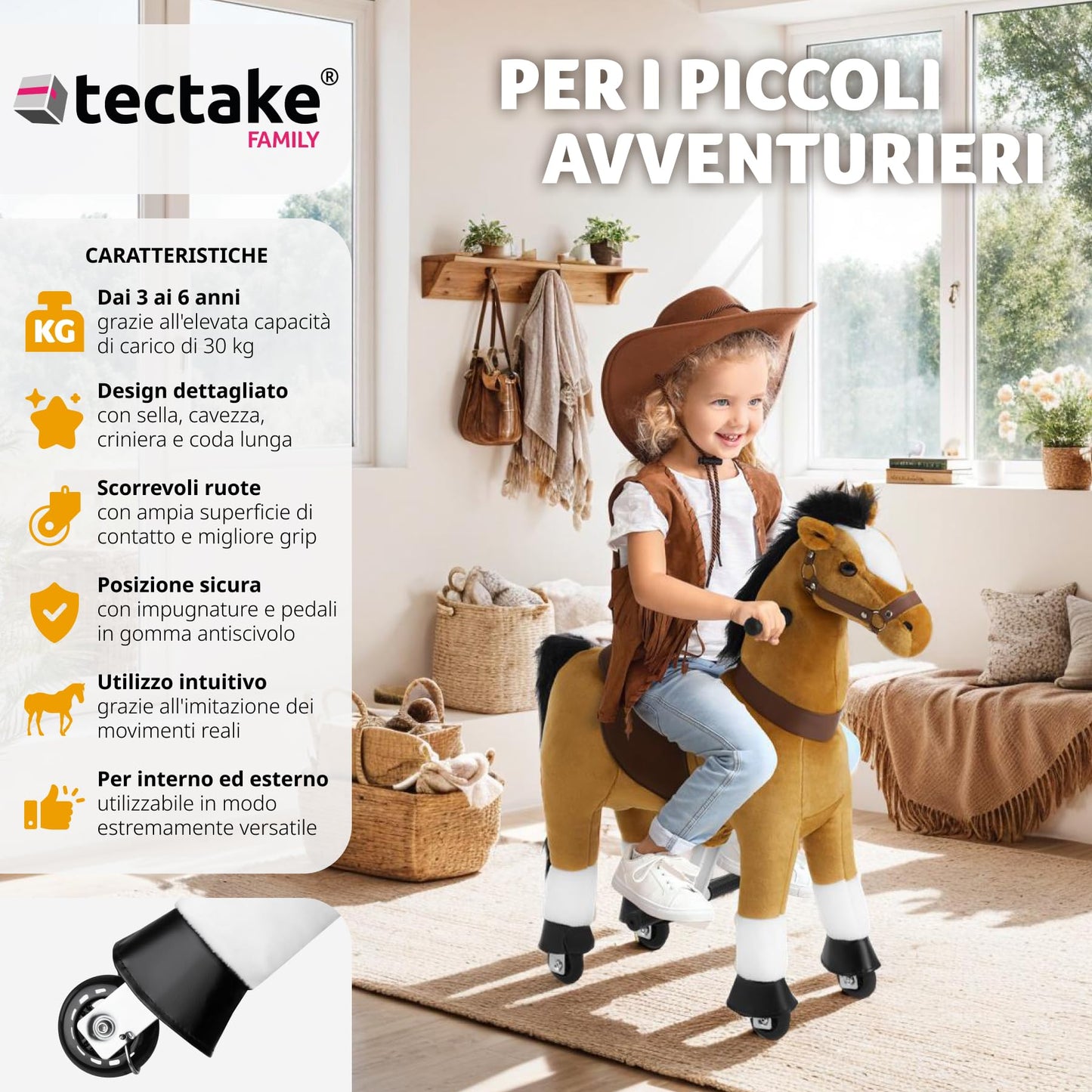 tectake® Cavallo a Dondolo con Ruote Scorrevoli, Cavallo a Dondolo per Bambini Realistico, Cavalluccio a Dondolo con Telaio in Acciaio, Cavallo Peluche Antiscivolo - 34x89x100 cm