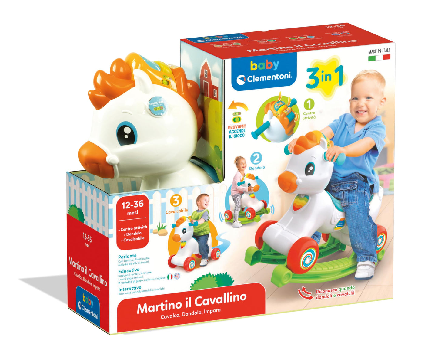 Baby Clementoni - Martino il Cavallino, Ride On 3 in 1 Educativo Bambino 12-36 Mesi, Gioco Parlante Italiano e Inglese, Giocattolo Primi Passi con Suoni e Luci, Made in Italy, Lingua Italiana, 17854