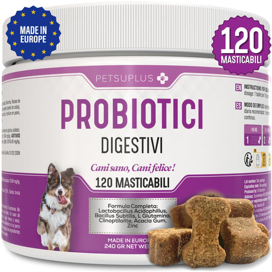 PETSUPLUS Probiotici per Cani - Fermenti Lattici Cane - 120 masticabili - Ripristina la Flora Intestinale, Protegge il Sistema Immunitario e previene Malattie - Combatte Diarrea, Gas, Vomito